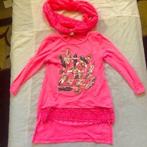 one step up - hot pink mid-length sleeves with pink scarf.
